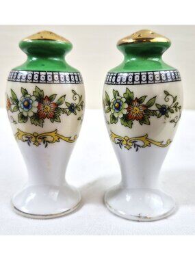 Vintage Japan Porcelain Salt & Pepper Shakers Hand Painted Floral Gold Trim